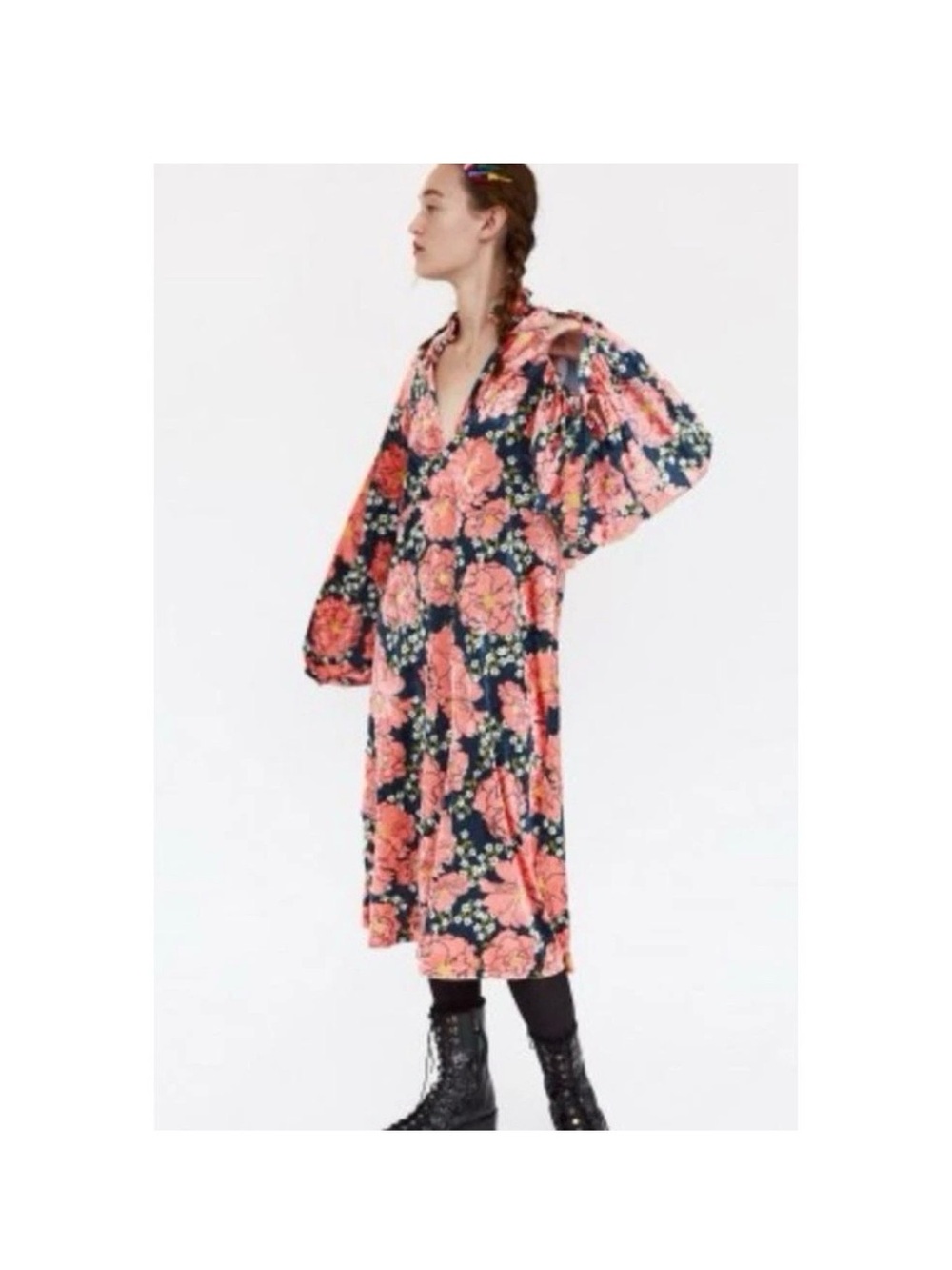 Zara Trafaluc Crushed Velvet Floral Balloon Sleeve Ruffle Collar Kaftan Dress L